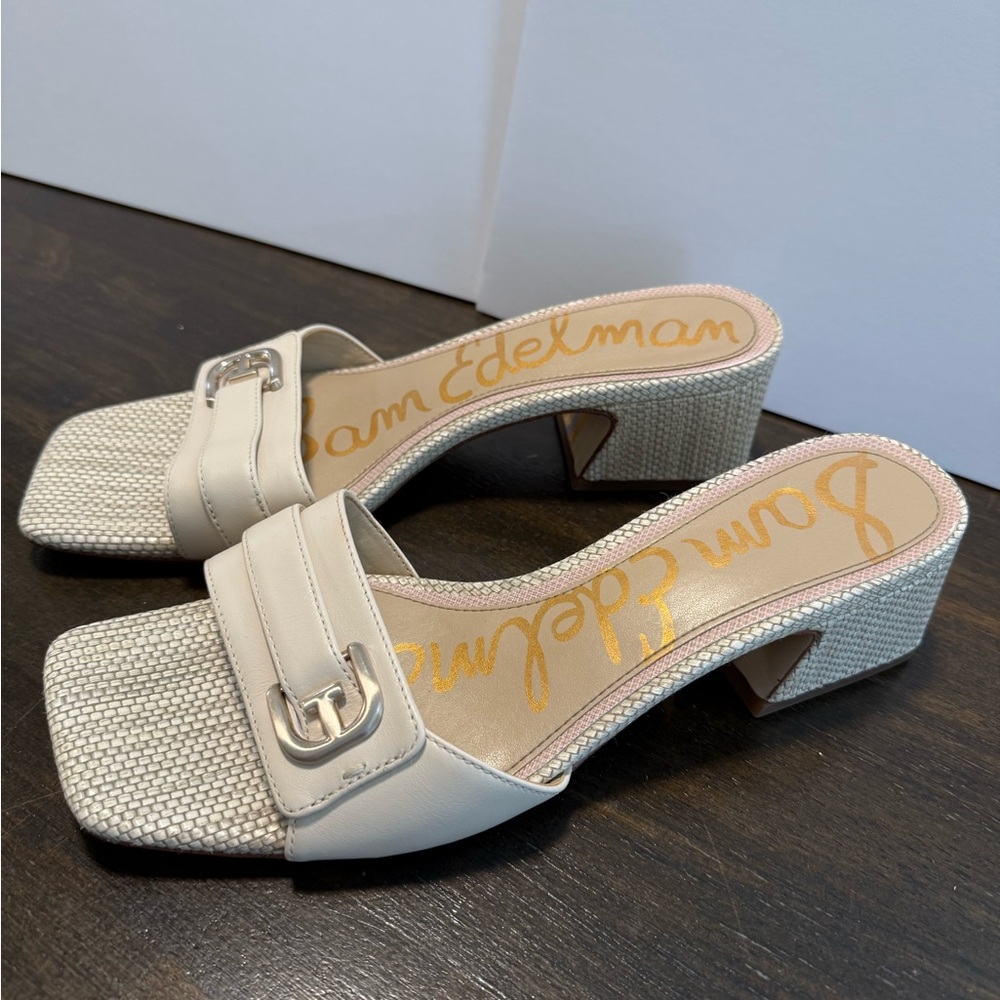 Sam Edelman Cream and Tan Block Heel Mules